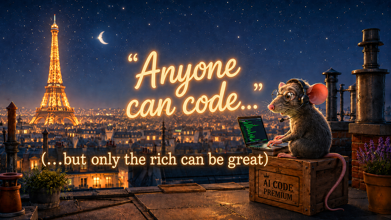 A programmer on the rooftops of Paris, with the Eiffel Tower in the background, looking at a laptop with wonder and concern