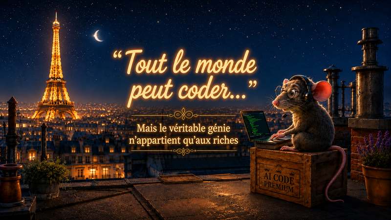Un programmeur sur les toits de Paris, avec la tour Eiffel en arrière-plan, regarde un ordinateur portable avec émerveillement et inquiétude