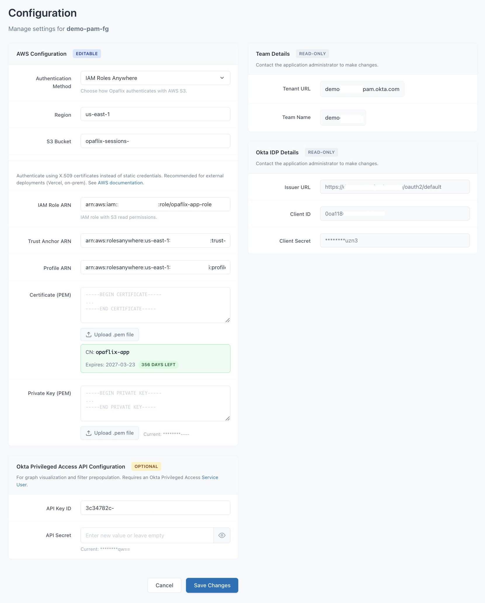 Opaflix Configuration UI for managing tenant settings in multi-tenant mode