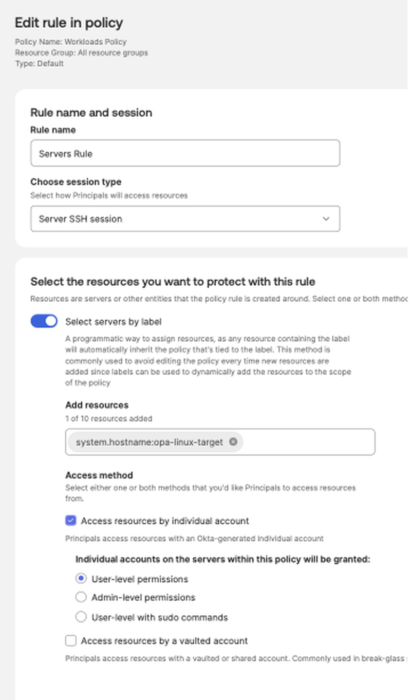 Okta Privileged Access Server SSH session rule for a workload role