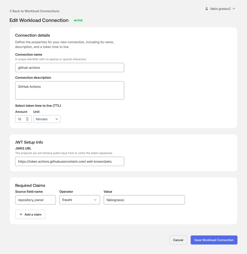 Okta Privileged Access workload connection configured for GitHub Actions with JWT setup and required claims