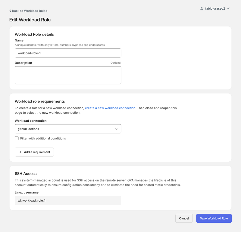 Okta Privileged Access workload role bound to a GitHub Actions workload connection