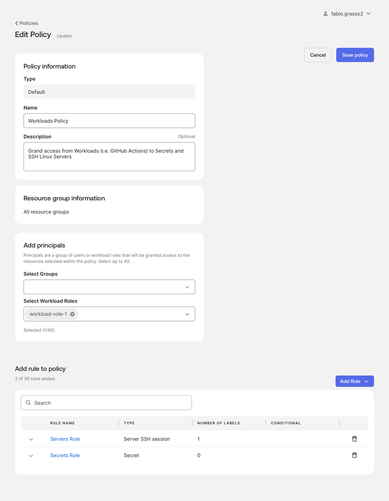 Okta Privileged Access policy with a workload role principal and server SSH rule