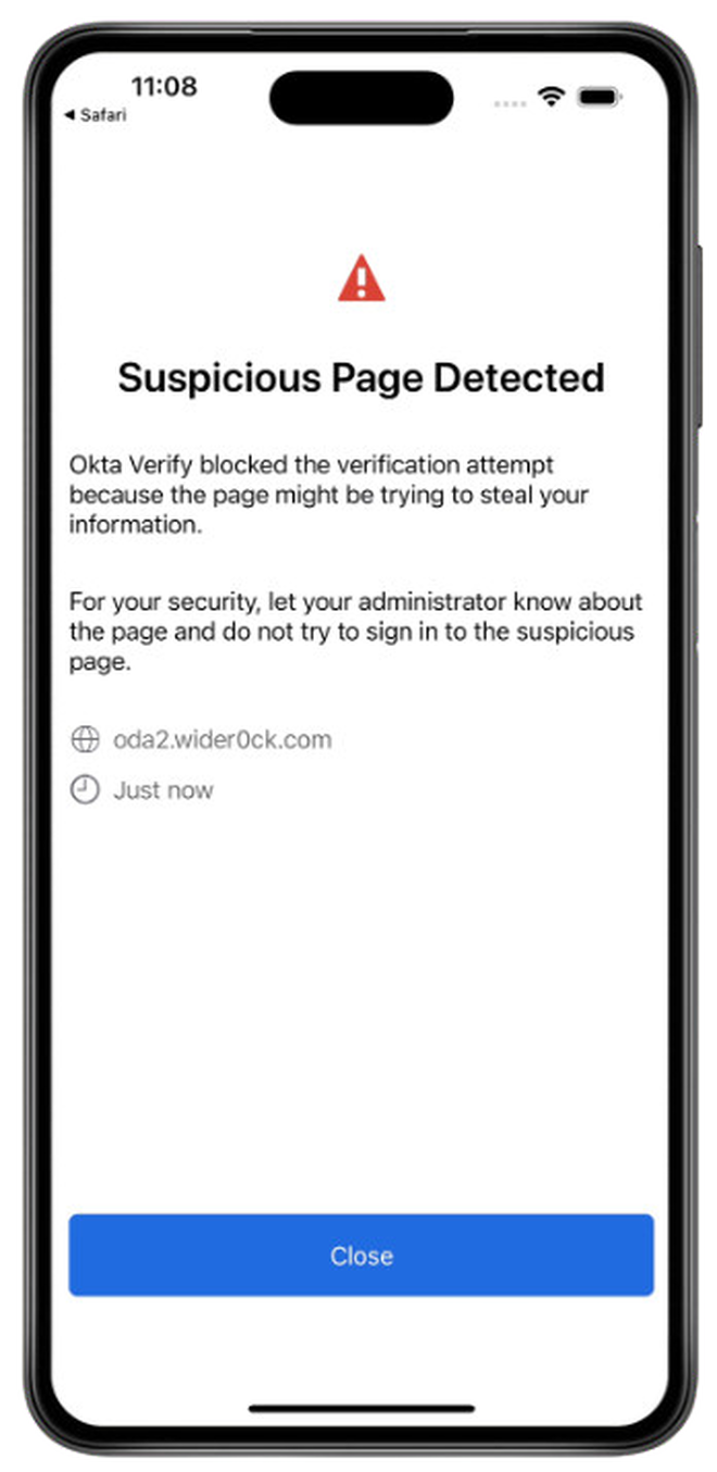 Suspicious Page Detected - Okta Verify Phishing Resistance