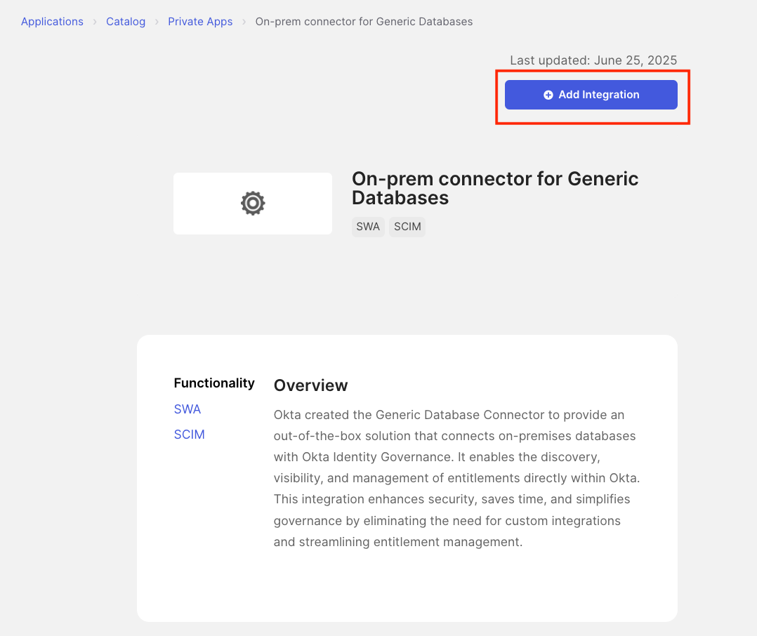Click Add Integration button to add the Generic Database Connector application