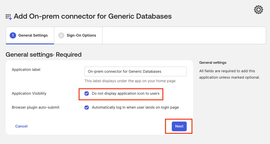 Configure application label and visibility settings for Generic Database Connector