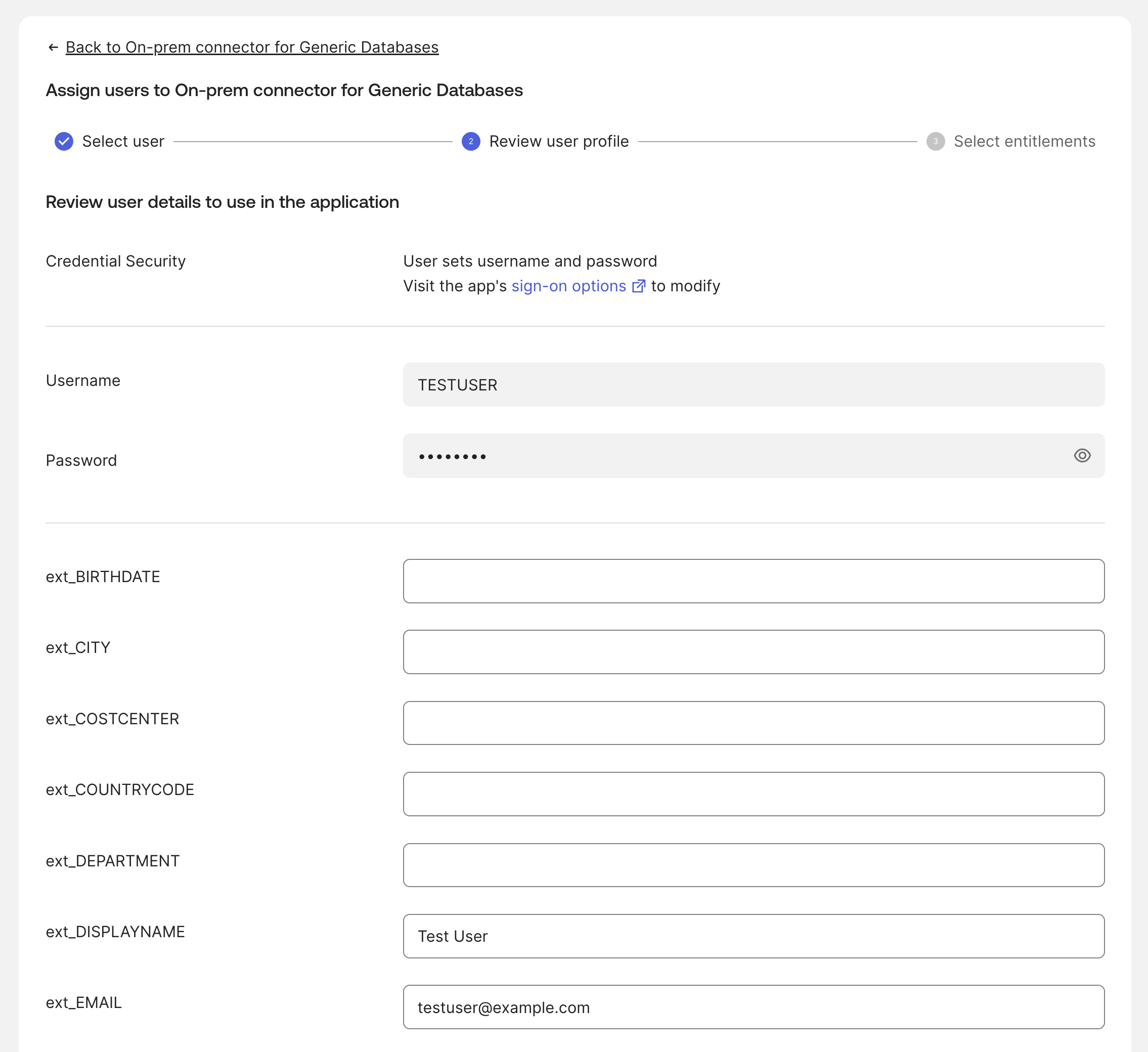 Okta assign user to app form showing custom attribute values and continue button