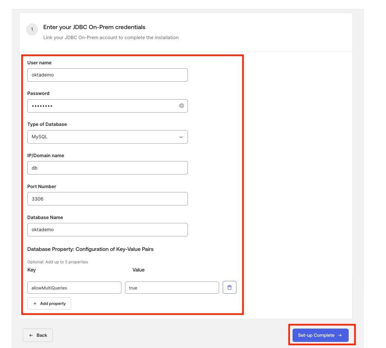 Configure MySQL database connection details including credentials and allowMultiQueries property