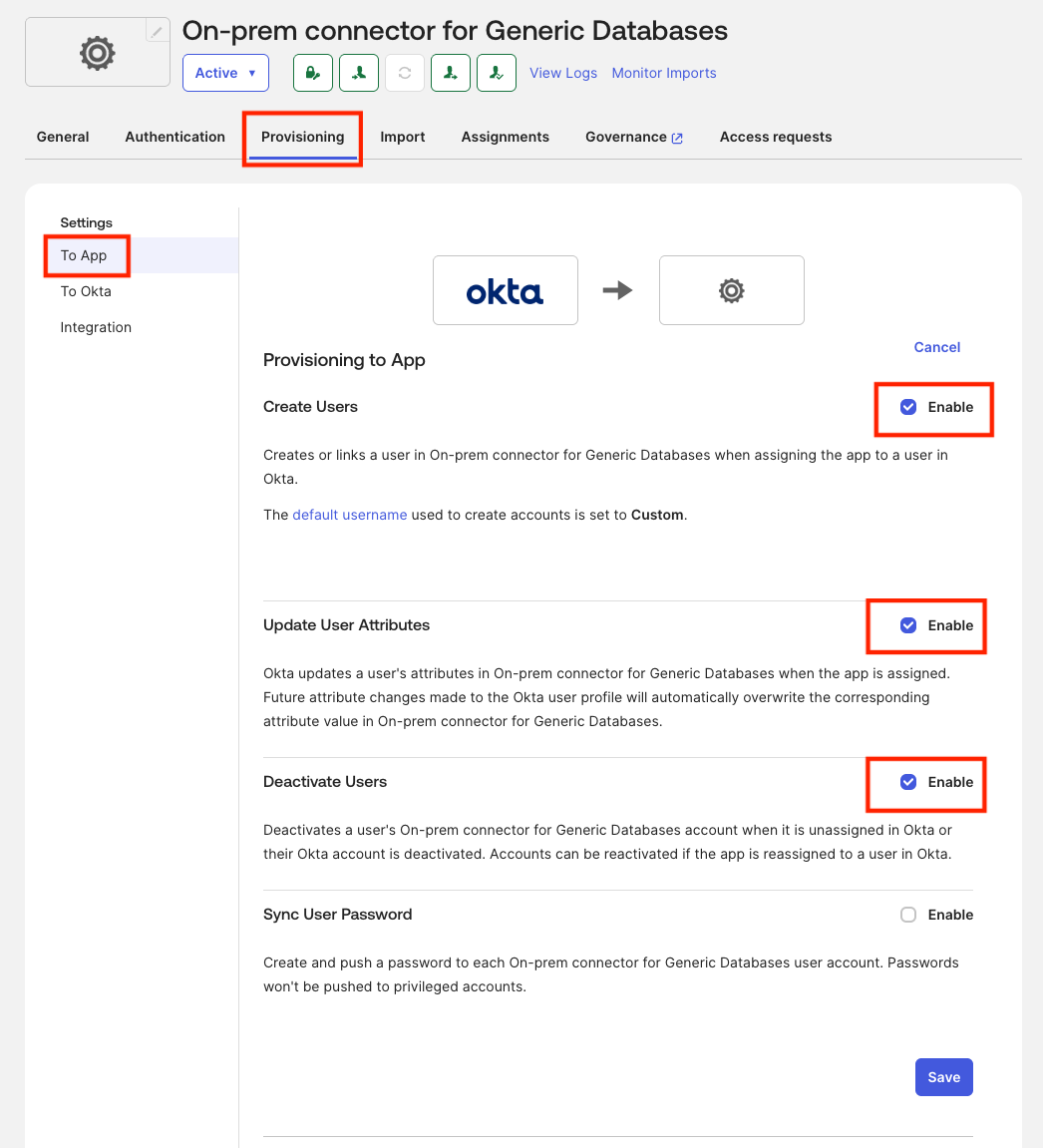 Enable provisioning features including create, update, and deactivate users