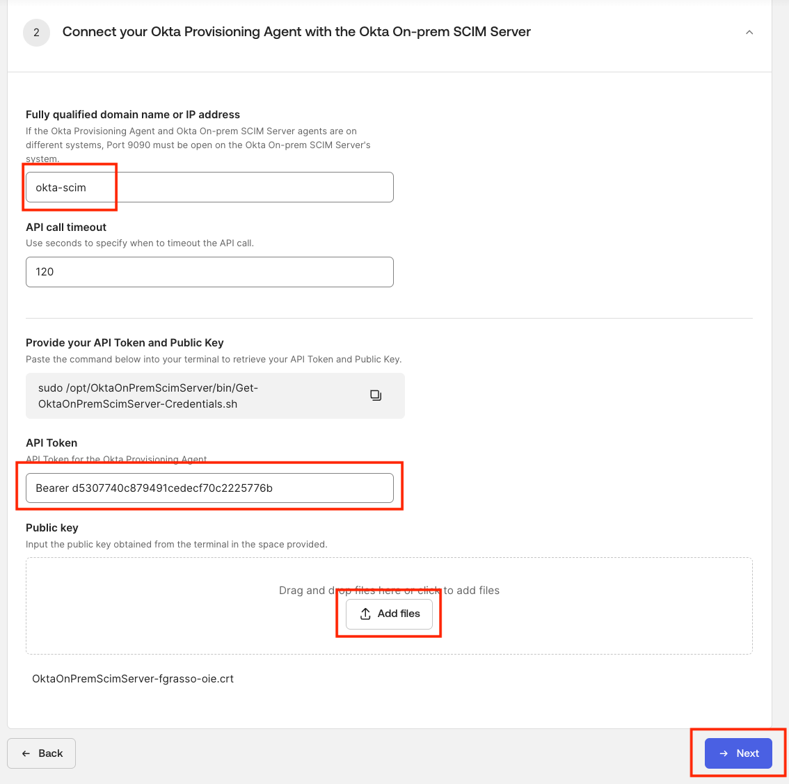 Configure SCIM server hostname, bearer token, and upload public key certificate