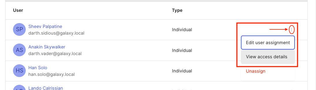 Click View Access Details menu option for assigned user
