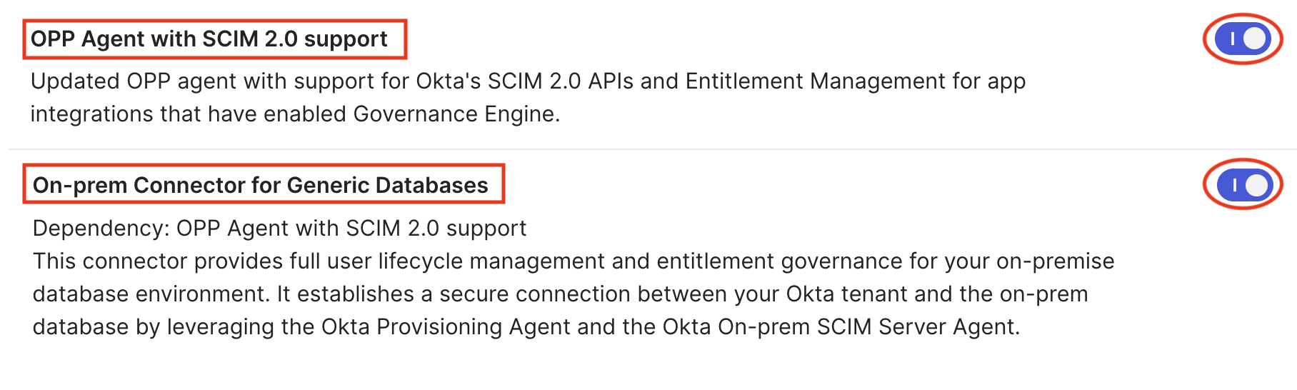 Enable Early Access features for OPP Agent with SCIM 2.0 and Generic Database Connector