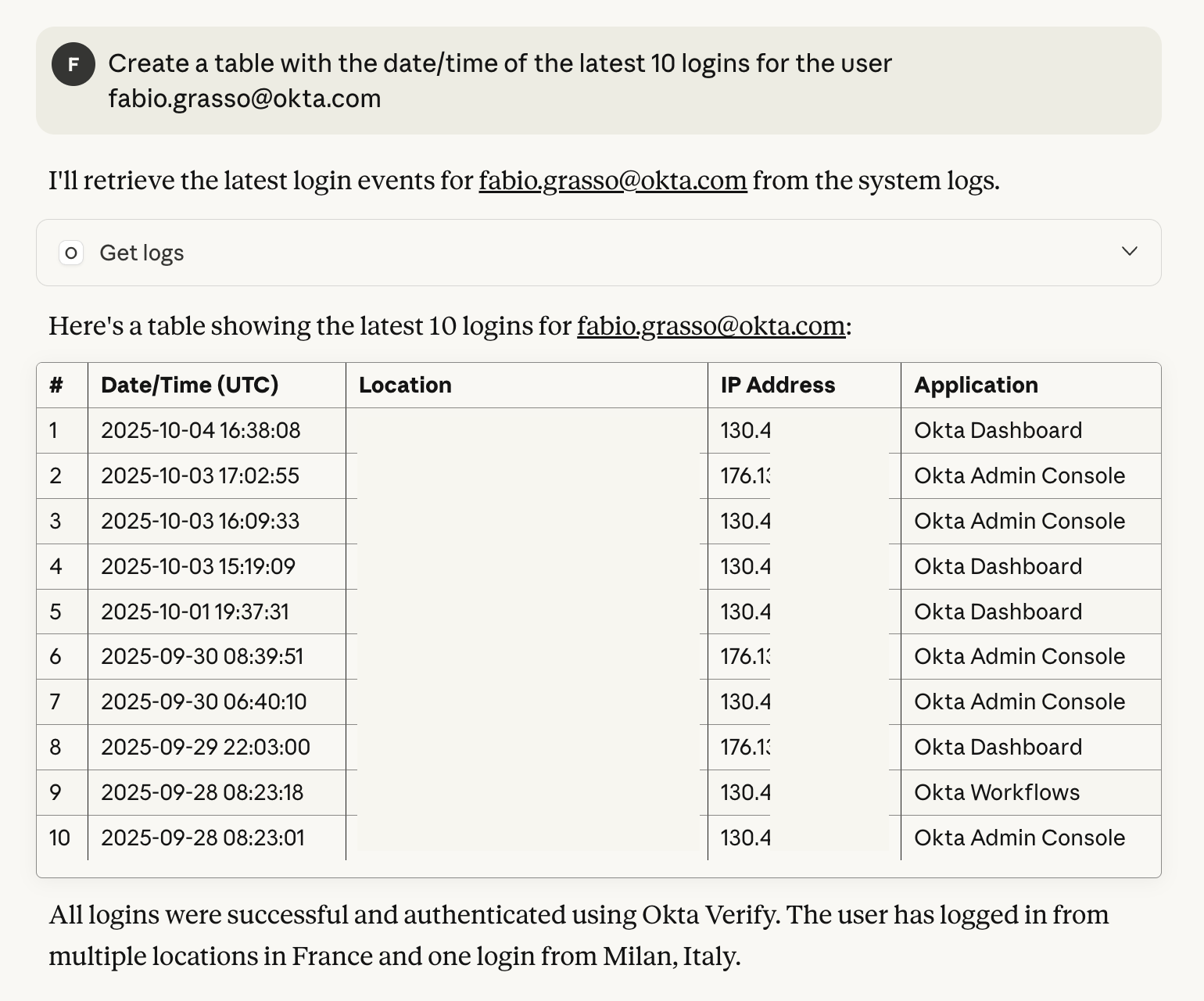 Claude Desktop example showing natural language Okta management